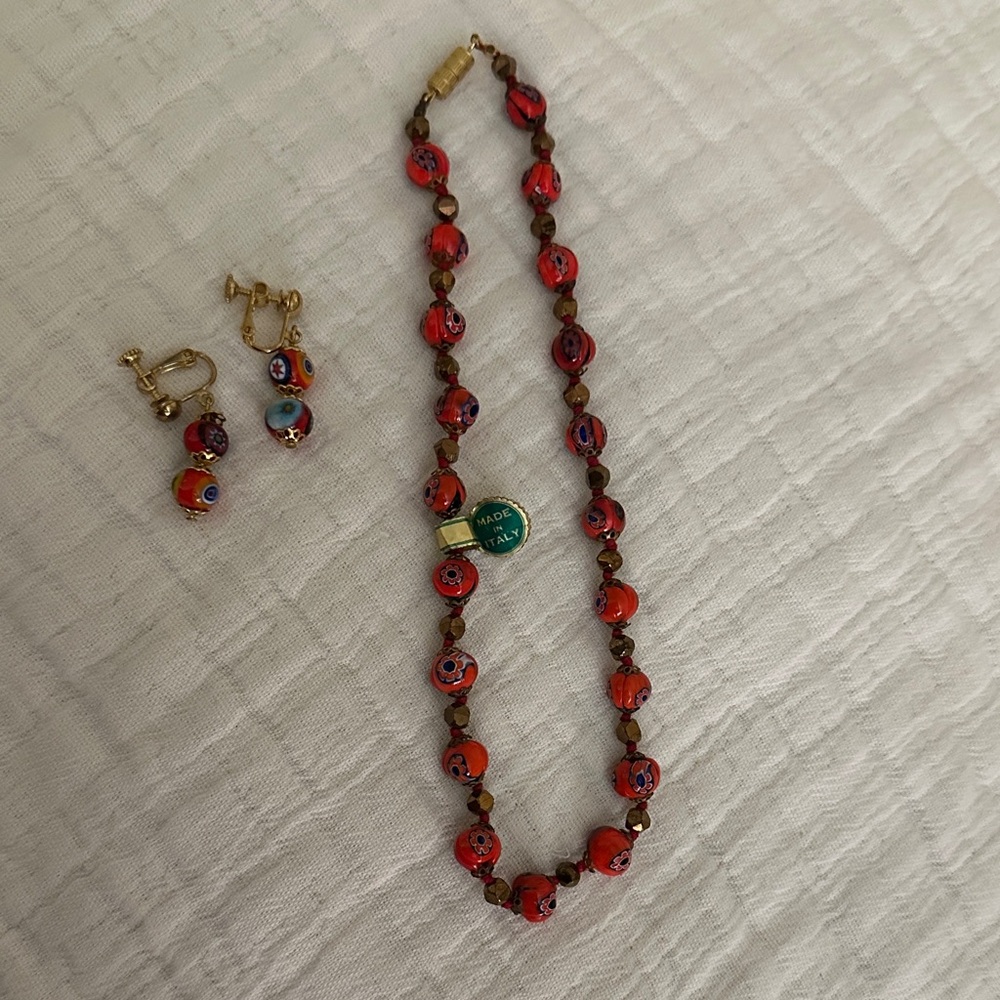 Vibrant Red and Gold Beaded Necklace Set from Italy